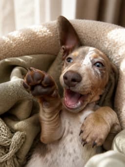 Dulce, la teckel de Jona Pets, envuelta en una manta